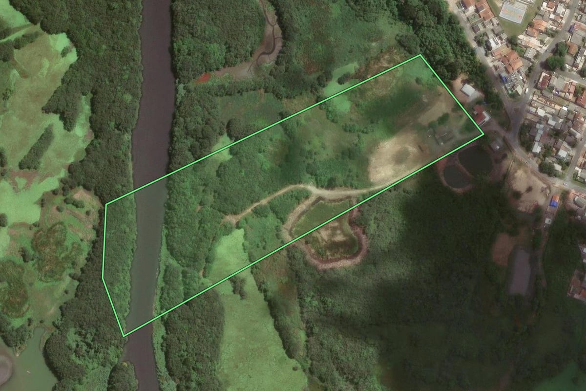 Imagem de satélite do imóvel rural em Araucária (PR), com o contorno declarado no CAR desenhado por cima.