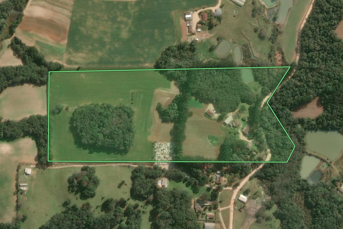 Imagem de satélite do imóvel rural em Araucária (PR), com o contorno declarado no CAR desenhado por cima.