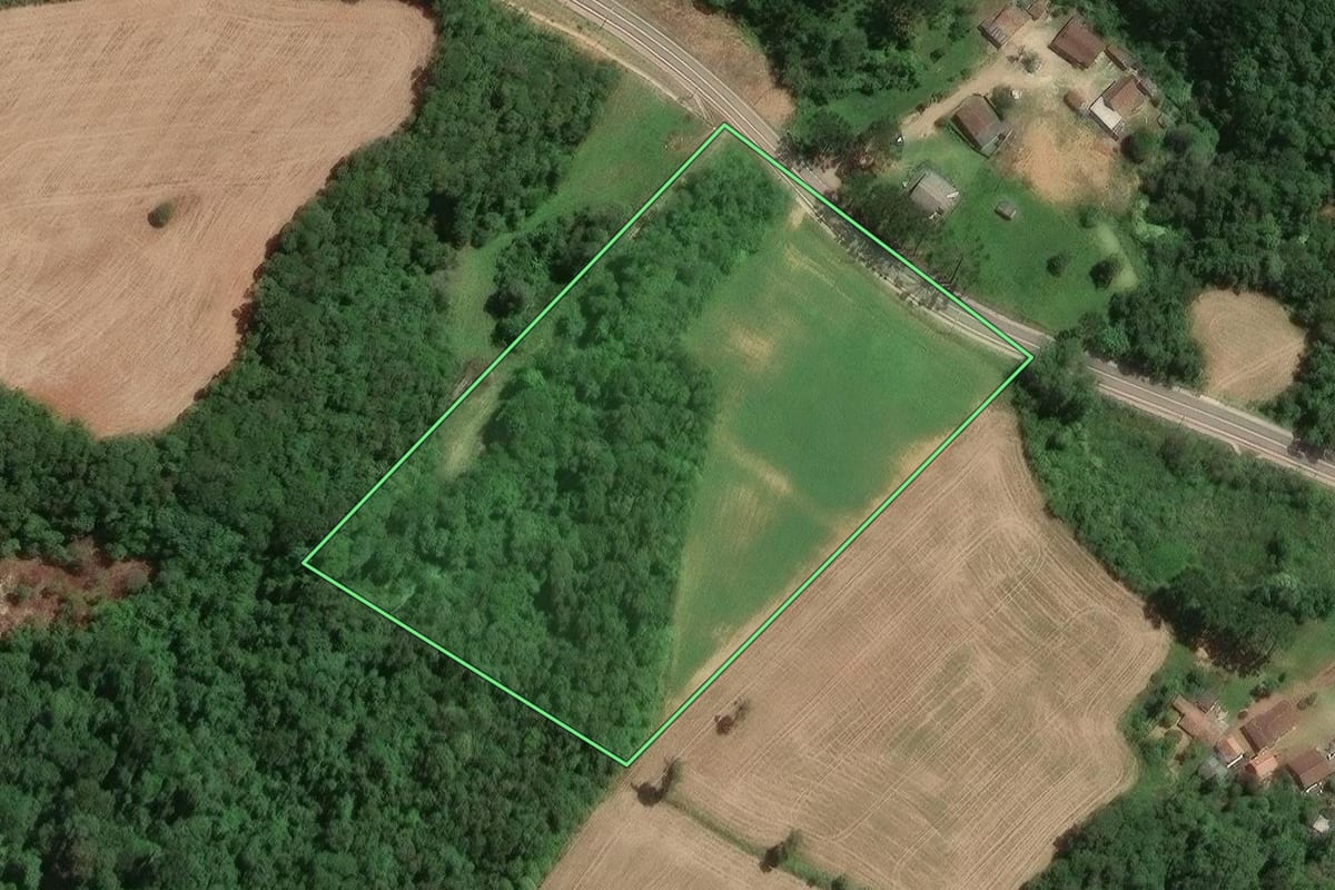 Imagem de satélite do imóvel rural em Araucária (PR), com o contorno declarado no CAR desenhado por cima.