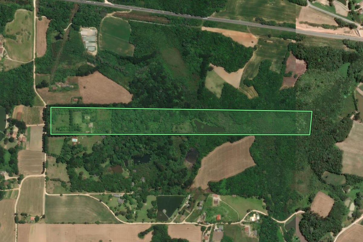 Imagem de satélite do imóvel rural em Araucária (PR), com o contorno declarado no CAR desenhado por cima.