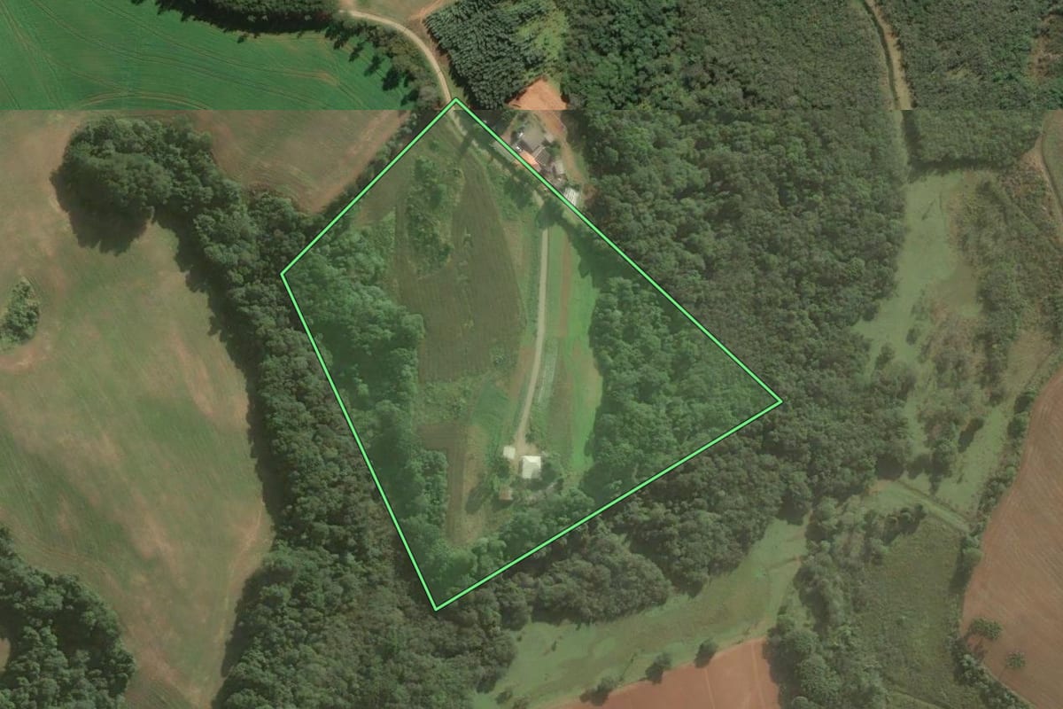 Imagem de satélite do imóvel rural em Araucária (PR), com o contorno declarado no CAR desenhado por cima.