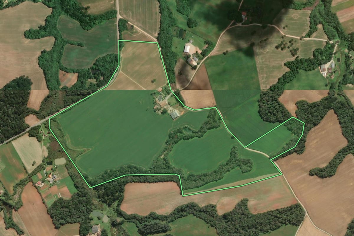 Imagem de satélite do imóvel rural em Araucária (PR), com o contorno declarado no CAR desenhado por cima.