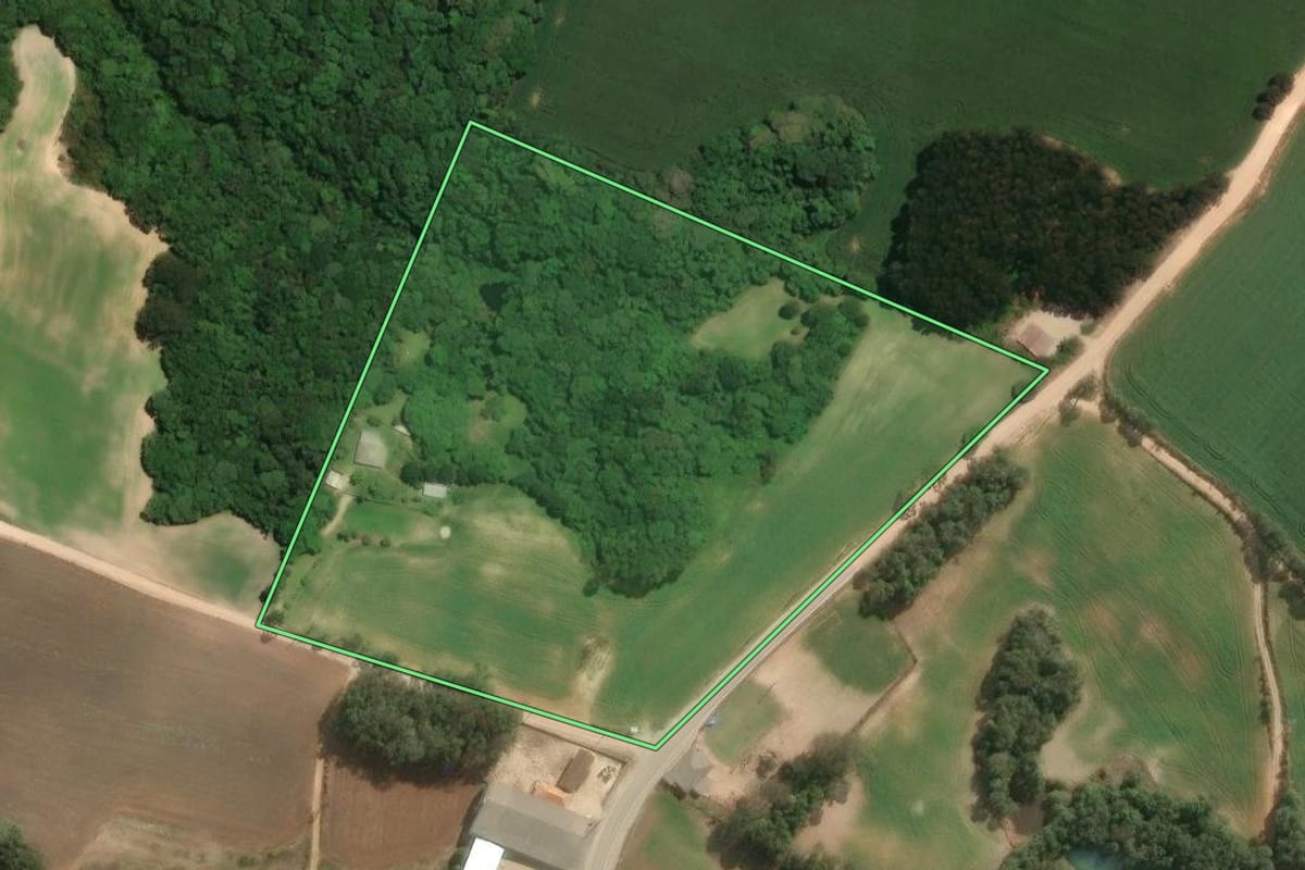 Imagem de satélite do imóvel rural em Araucária (PR), com o contorno declarado no CAR desenhado por cima.