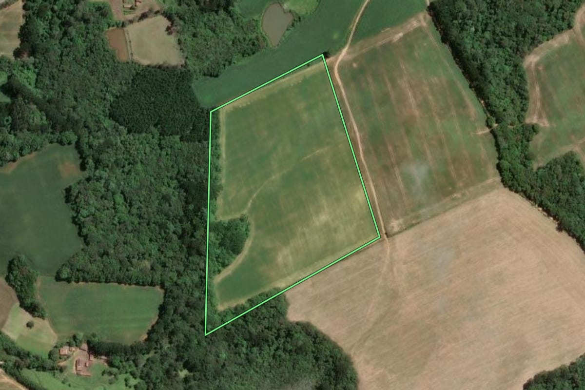 Imagem de satélite do imóvel rural em Araucária (PR), com o contorno declarado no CAR desenhado por cima.