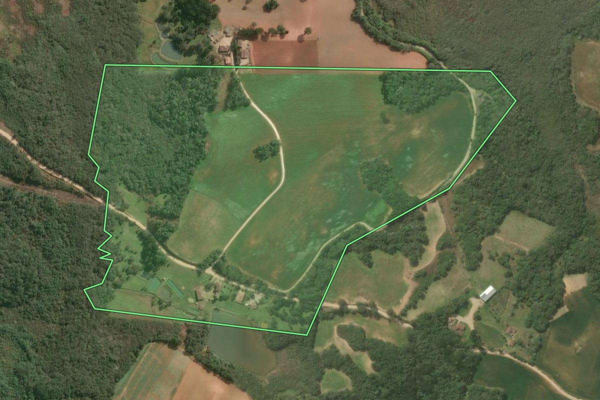 Imagem de satélite do imóvel rural em Araucária (PR), com o contorno declarado no CAR desenhado por cima.