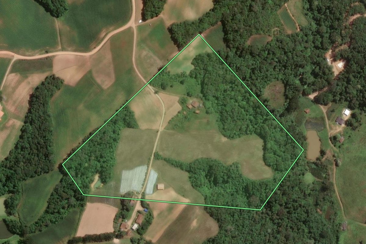 Imagem de satélite do imóvel rural em Araucária (PR), com o contorno declarado no CAR desenhado por cima.