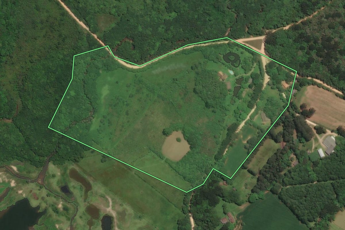 Imagem de satélite do imóvel rural em Araucária (PR), com o contorno declarado no CAR desenhado por cima.