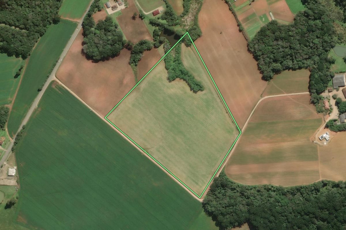 Imagem de satélite do imóvel rural em Araucária (PR), com o contorno declarado no CAR desenhado por cima.