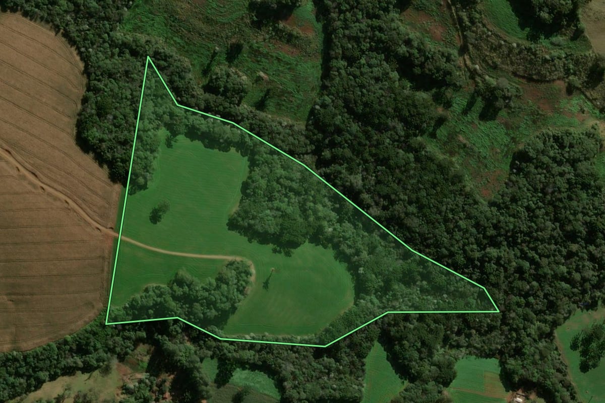 Imagem de satélite do imóvel rural em Ariranha do Ivaí (PR), com o contorno declarado no CAR desenhado por cima.