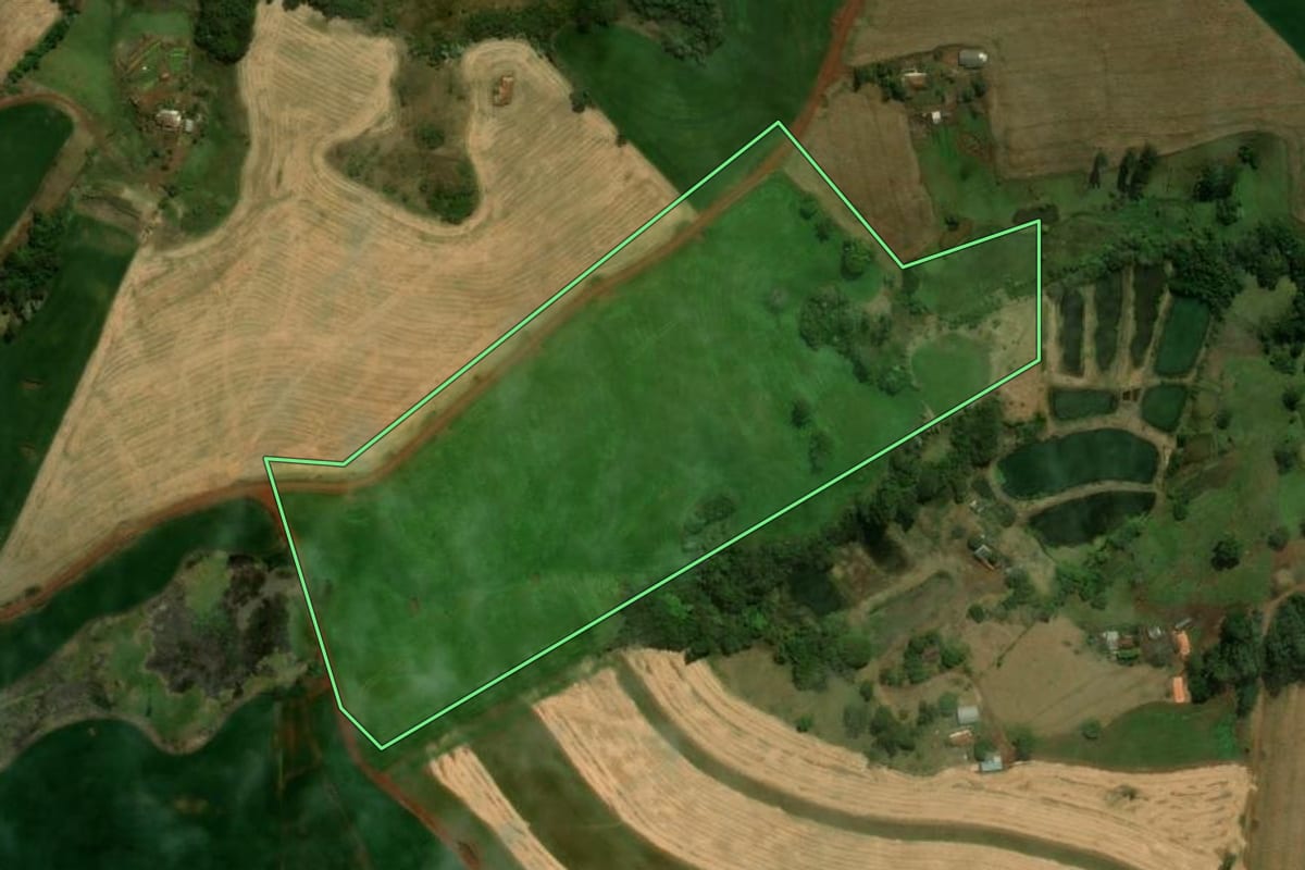 Imagem de satélite do imóvel rural em Ariranha do Ivaí (PR), com o contorno declarado no CAR desenhado por cima.