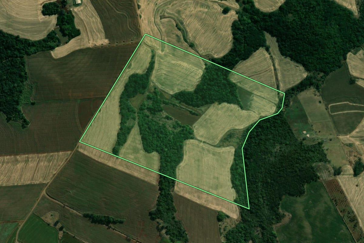 Imagem de satélite do imóvel rural em Assaí (PR), com o contorno declarado no CAR desenhado por cima.