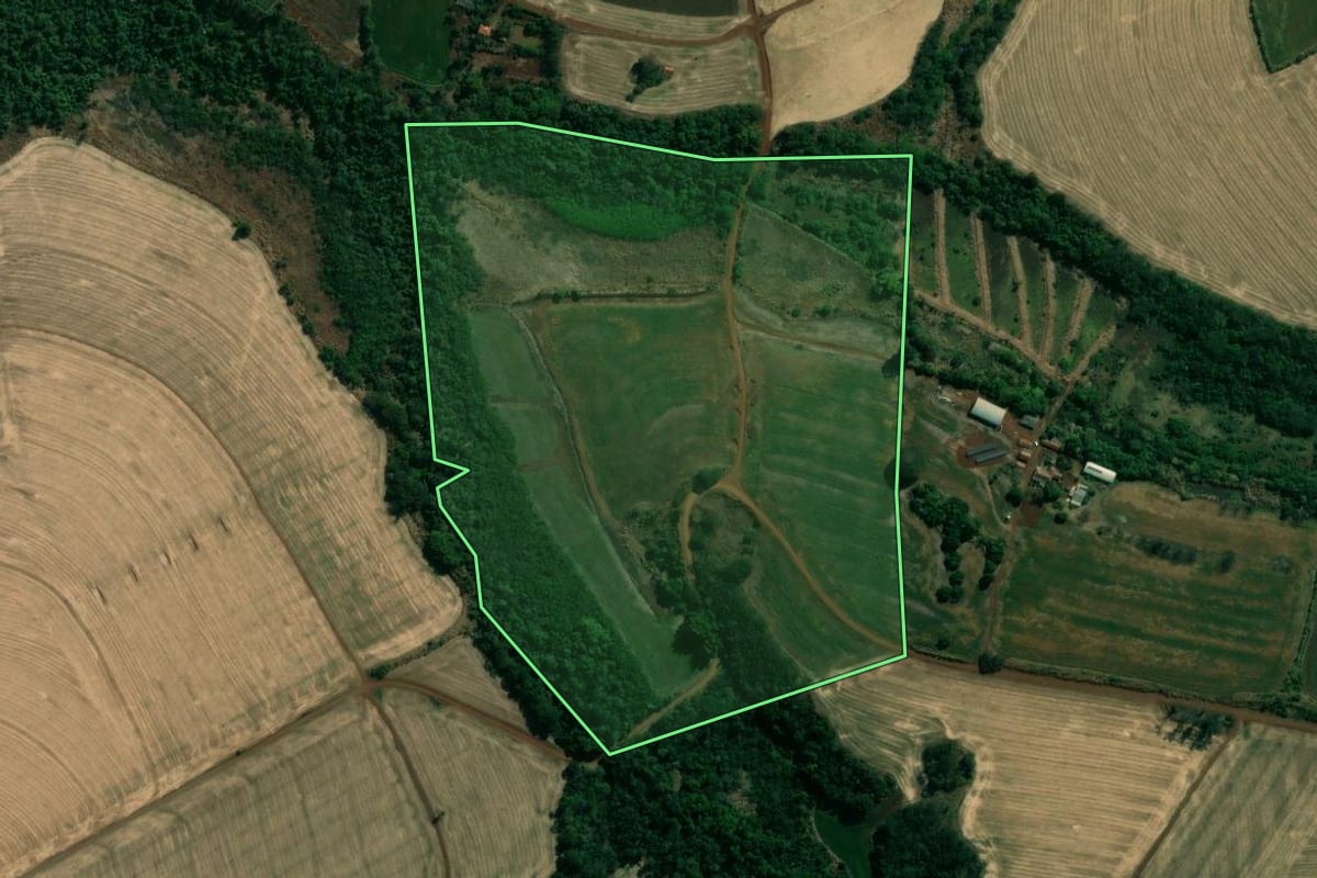 Imagem de satélite do imóvel rural em Assaí (PR), com o contorno declarado no CAR desenhado por cima.