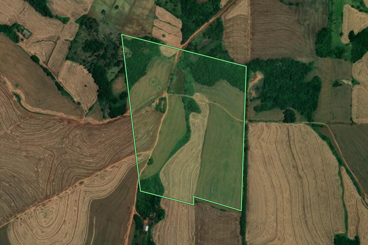 Imagem de satélite do imóvel rural em Assaí (PR), com o contorno declarado no CAR desenhado por cima.