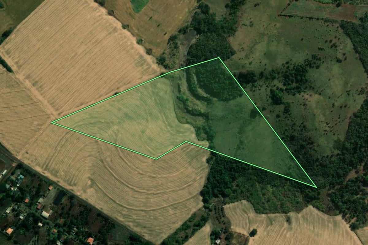 Imagem de satélite do imóvel rural em Assaí (PR), com o contorno declarado no CAR desenhado por cima.