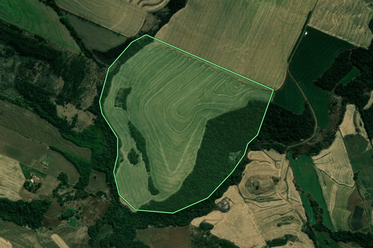Imagem de satélite do imóvel rural em Assaí (PR), com o contorno declarado no CAR desenhado por cima.