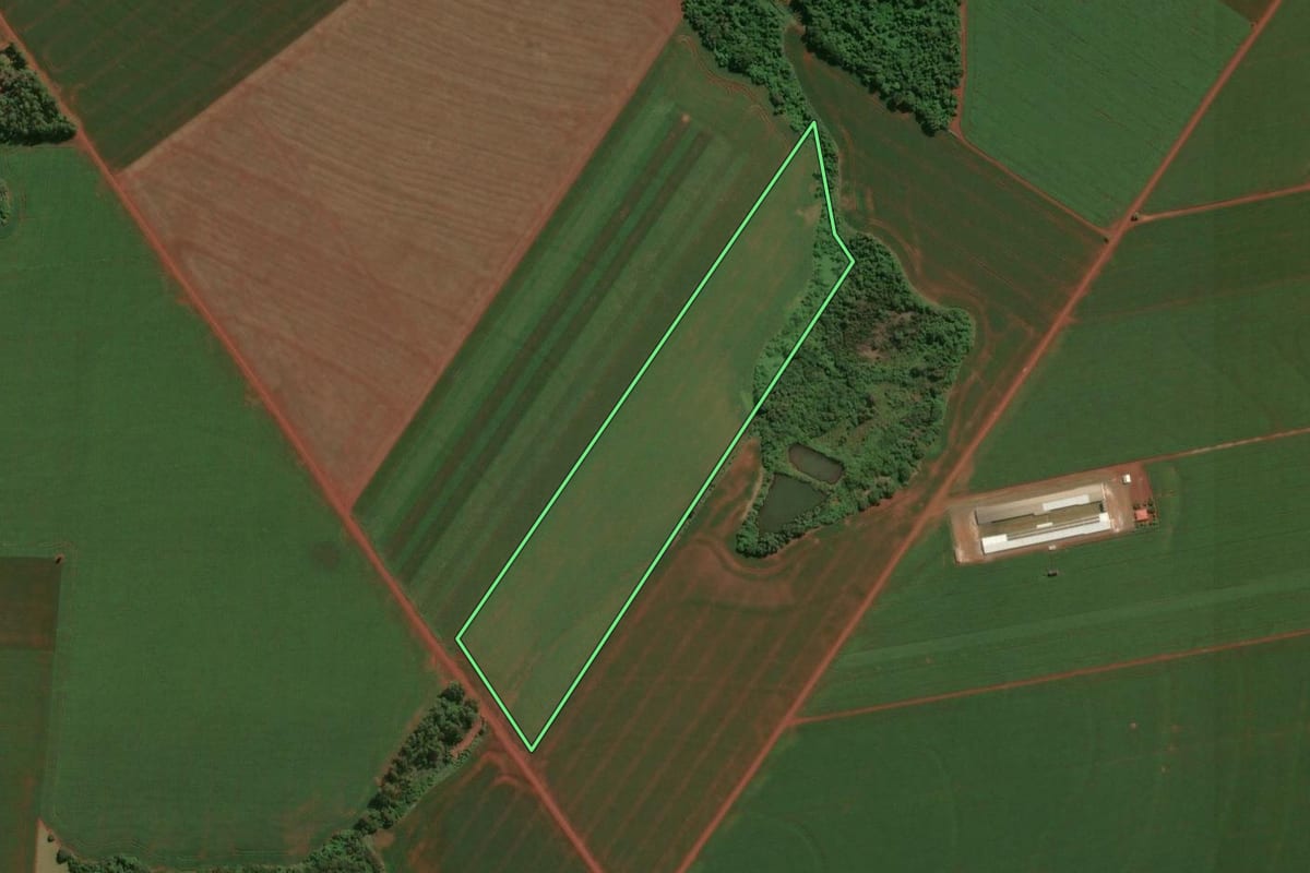 Imagem de satélite do imóvel rural em Assis Chateaubriand (PR), com o contorno declarado no CAR desenhado por cima.