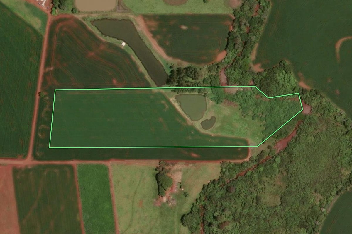 Imagem de satélite do imóvel rural em Assis Chateaubriand (PR), com o contorno declarado no CAR desenhado por cima.