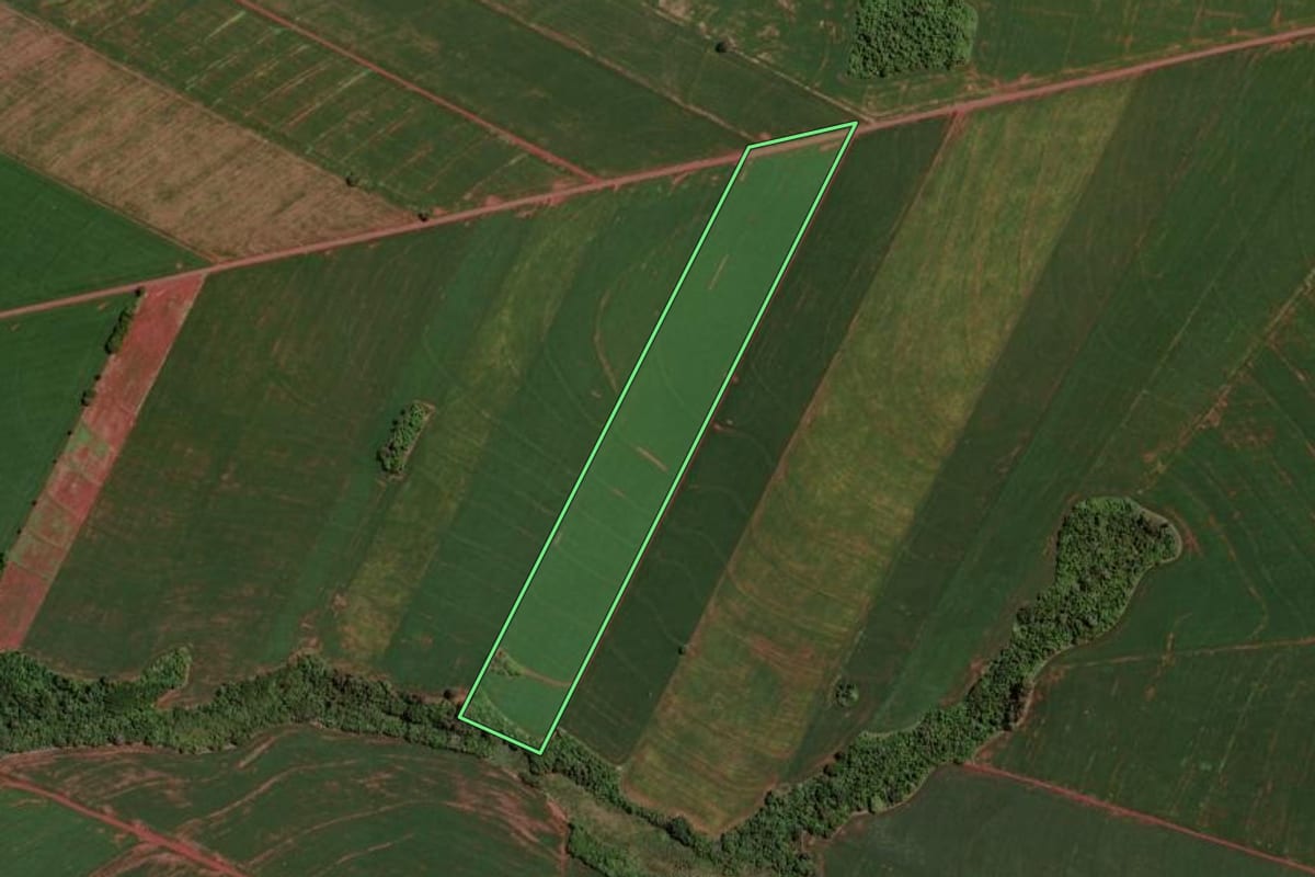 Imagem de satélite do imóvel rural em Assis Chateaubriand (PR), com o contorno declarado no CAR desenhado por cima.