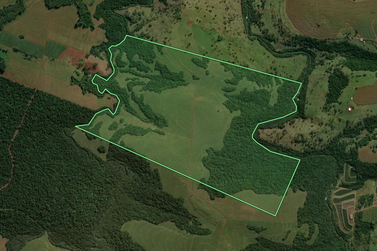 Imagem de satélite do imóvel rural em Assis Chateaubriand (PR), com o contorno declarado no CAR desenhado por cima.