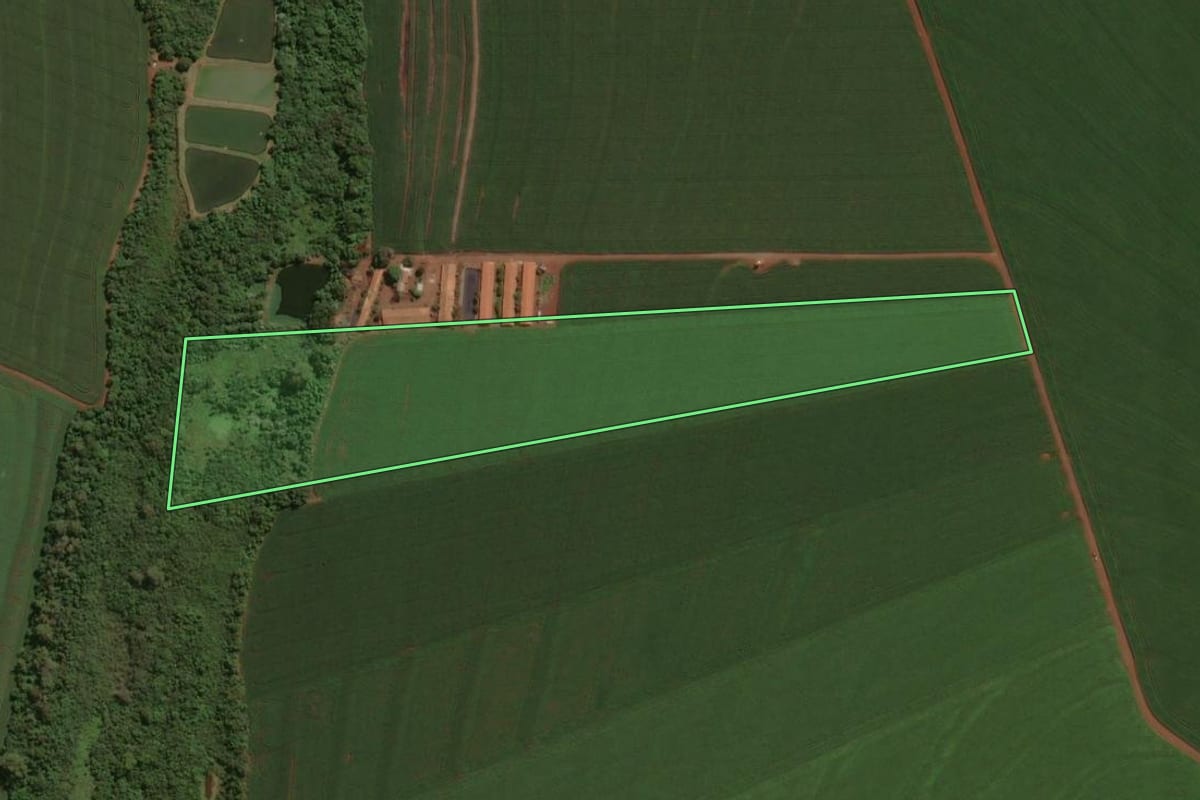 Imagem de satélite do imóvel rural em Assis Chateaubriand (PR), com o contorno declarado no CAR desenhado por cima.