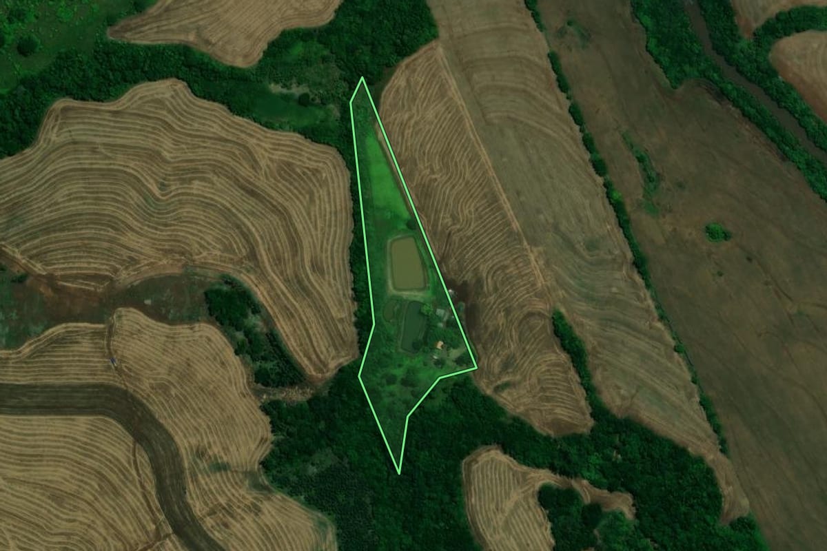 Imagem de satélite do imóvel rural em Assis Chateaubriand (PR), com o contorno declarado no CAR desenhado por cima.