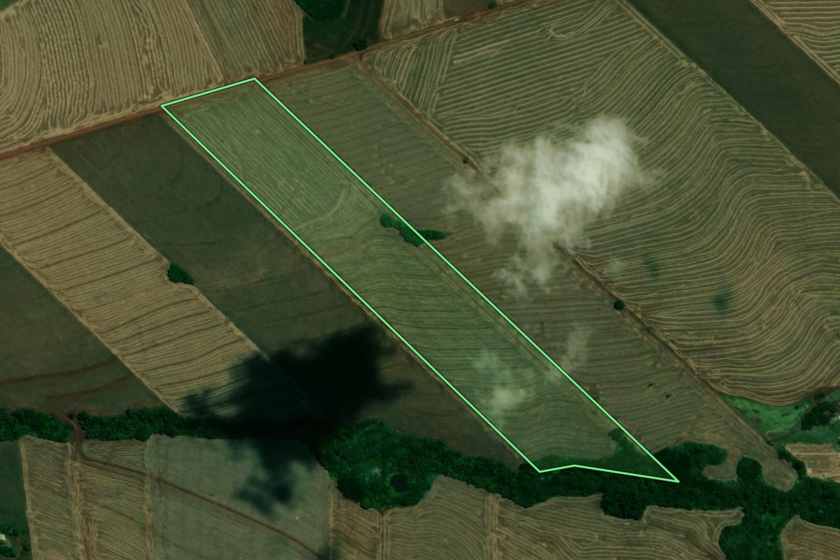 Imagem de satélite do imóvel rural em Assis Chateaubriand (PR), com o contorno declarado no CAR desenhado por cima.