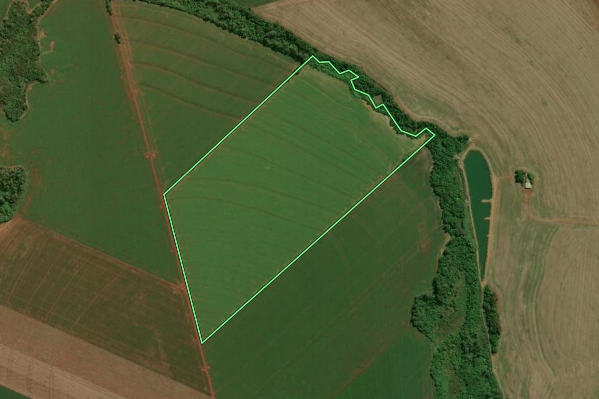 Imagem de satélite do imóvel rural em Assis Chateaubriand (PR), com o contorno declarado no CAR desenhado por cima.