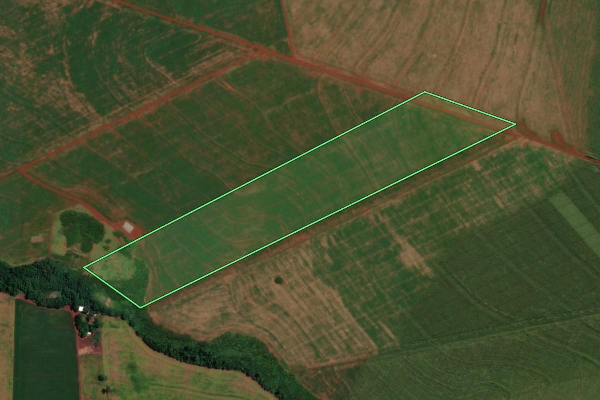 Imagem de satélite do imóvel rural em Assis Chateaubriand (PR), com o contorno declarado no CAR desenhado por cima.