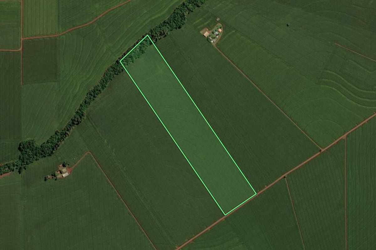 Imagem de satélite do imóvel rural em Assis Chateaubriand (PR), com o contorno declarado no CAR desenhado por cima.