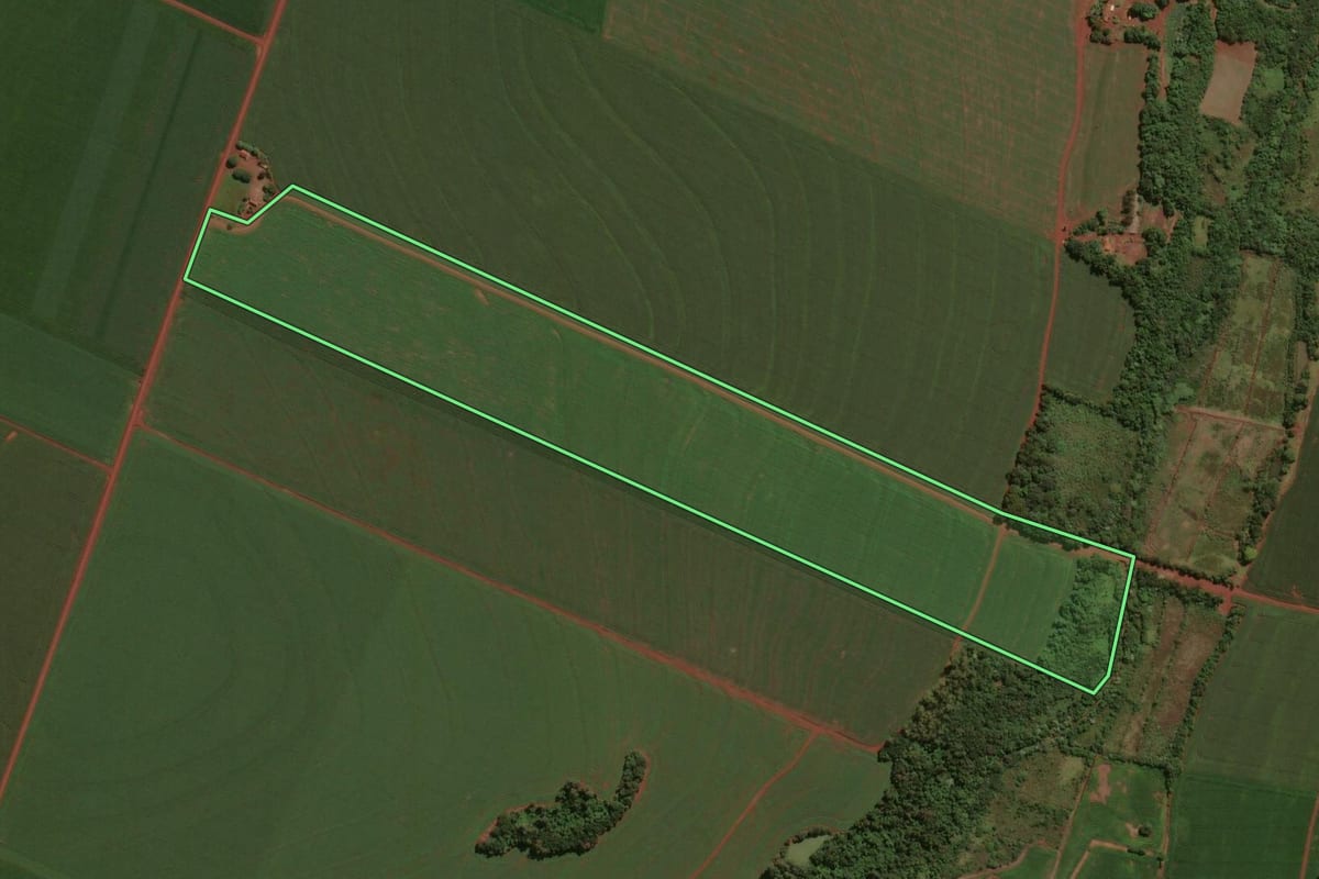 Imagem de satélite do imóvel rural em Assis Chateaubriand (PR), com o contorno declarado no CAR desenhado por cima.