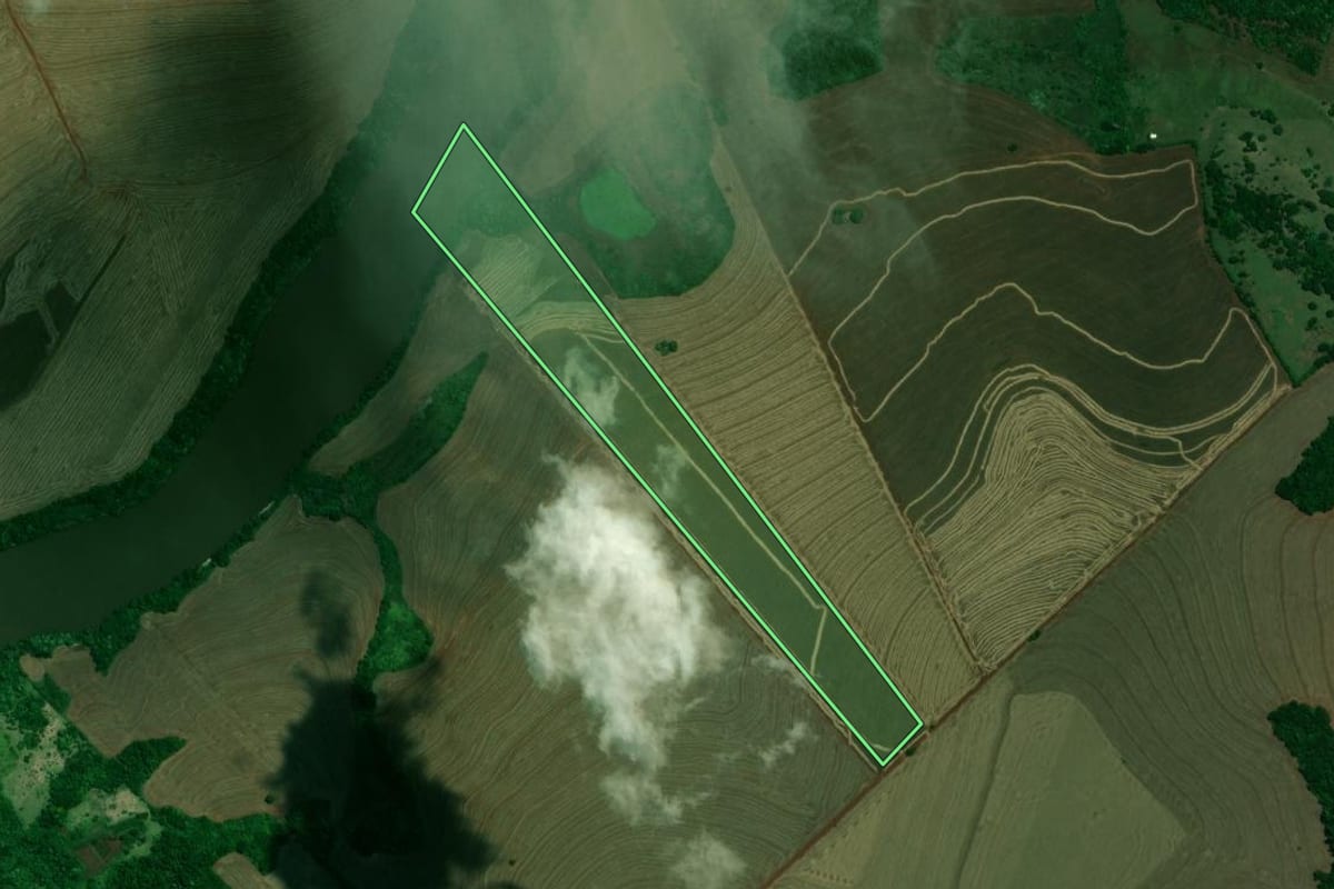 Imagem de satélite do imóvel rural em Assis Chateaubriand (PR), com o contorno declarado no CAR desenhado por cima.