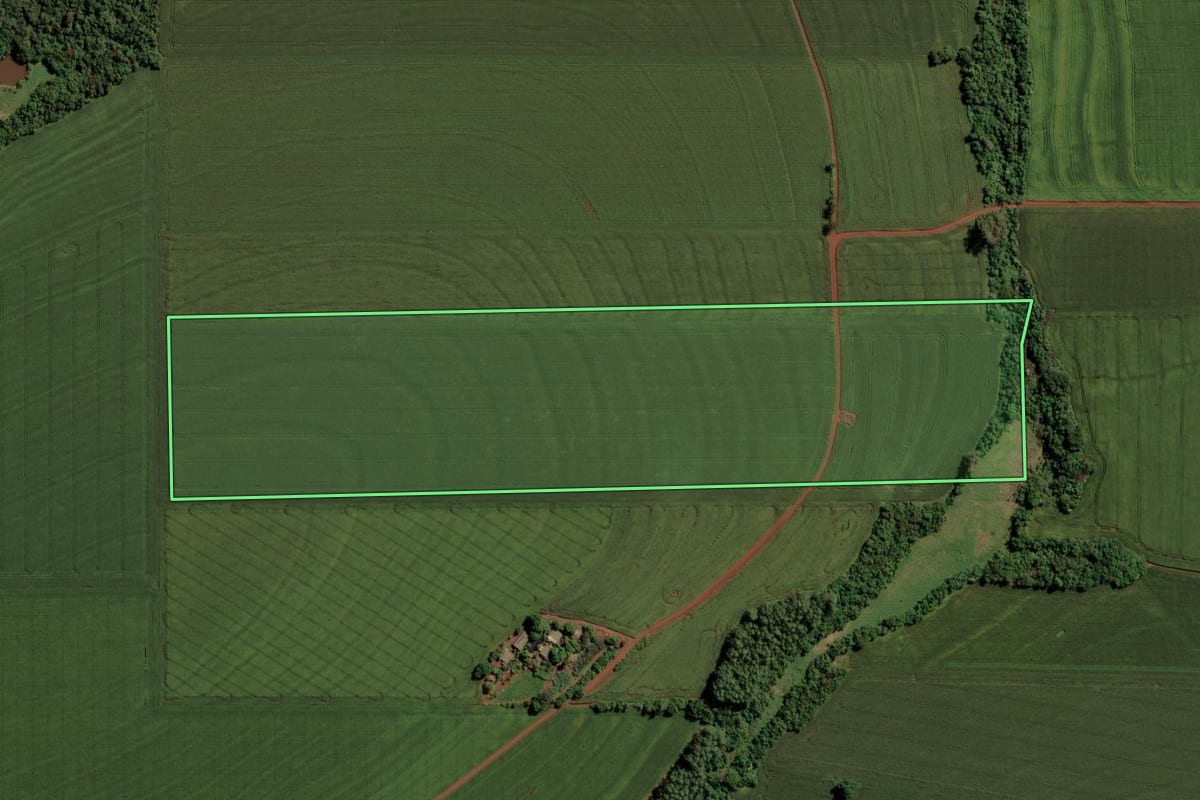 Imagem de satélite do imóvel rural em Assis Chateaubriand (PR), com o contorno declarado no CAR desenhado por cima.