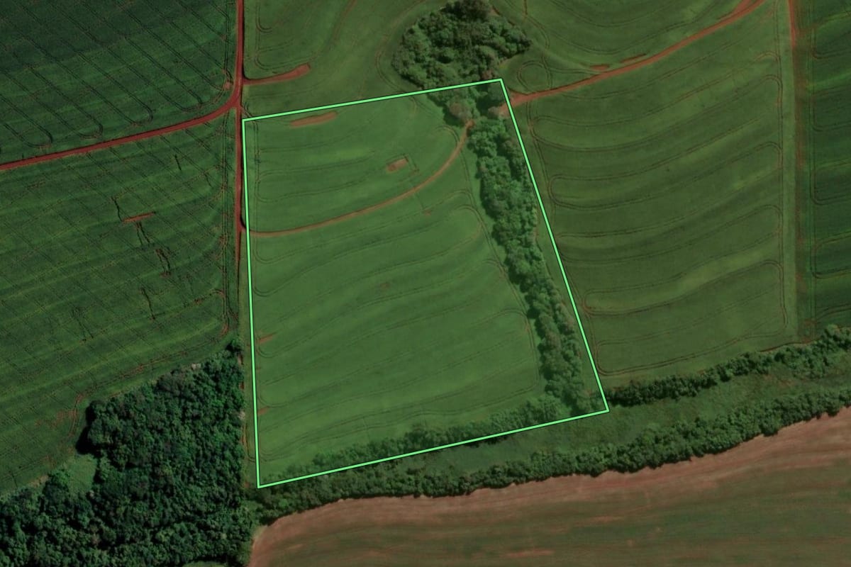 Imagem de satélite do imóvel rural em Assis Chateaubriand (PR), com o contorno declarado no CAR desenhado por cima.