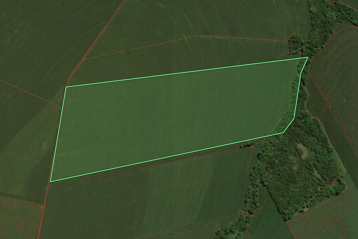 Imagem de satélite do imóvel rural em Assis Chateaubriand (PR), com o contorno declarado no CAR desenhado por cima.