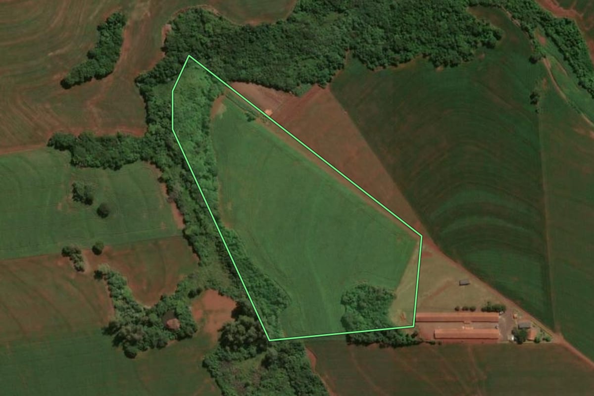Imagem de satélite do imóvel rural em Assis Chateaubriand (PR), com o contorno declarado no CAR desenhado por cima.
