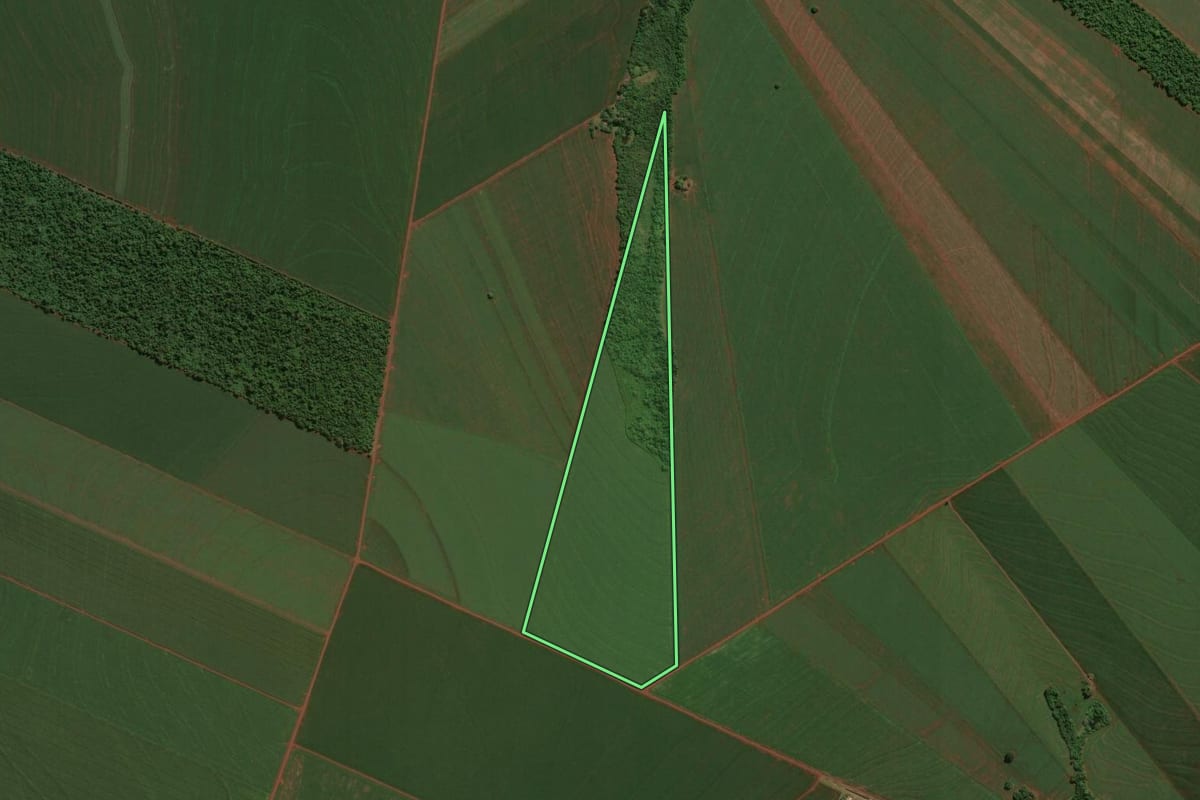 Imagem de satélite do imóvel rural em Assis Chateaubriand (PR), com o contorno declarado no CAR desenhado por cima.