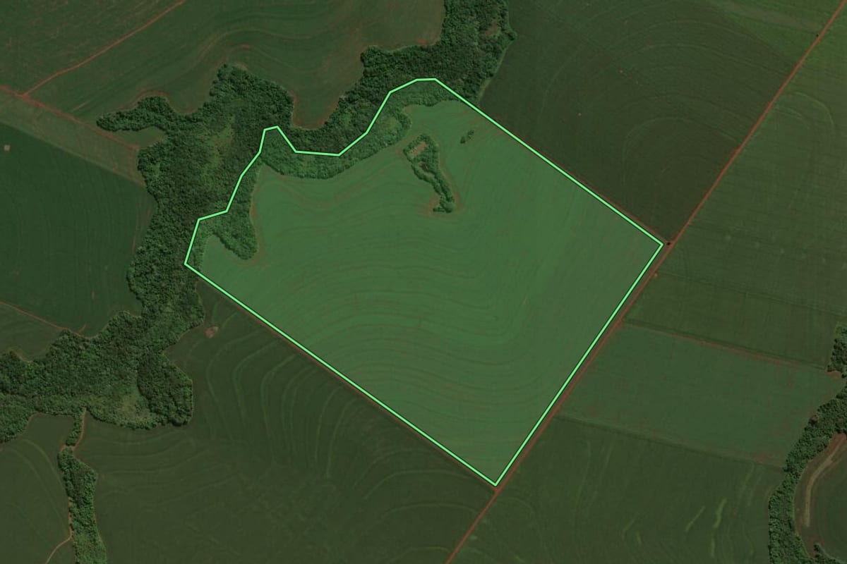 Imagem de satélite do imóvel rural em Assis Chateaubriand (PR), com o contorno declarado no CAR desenhado por cima.