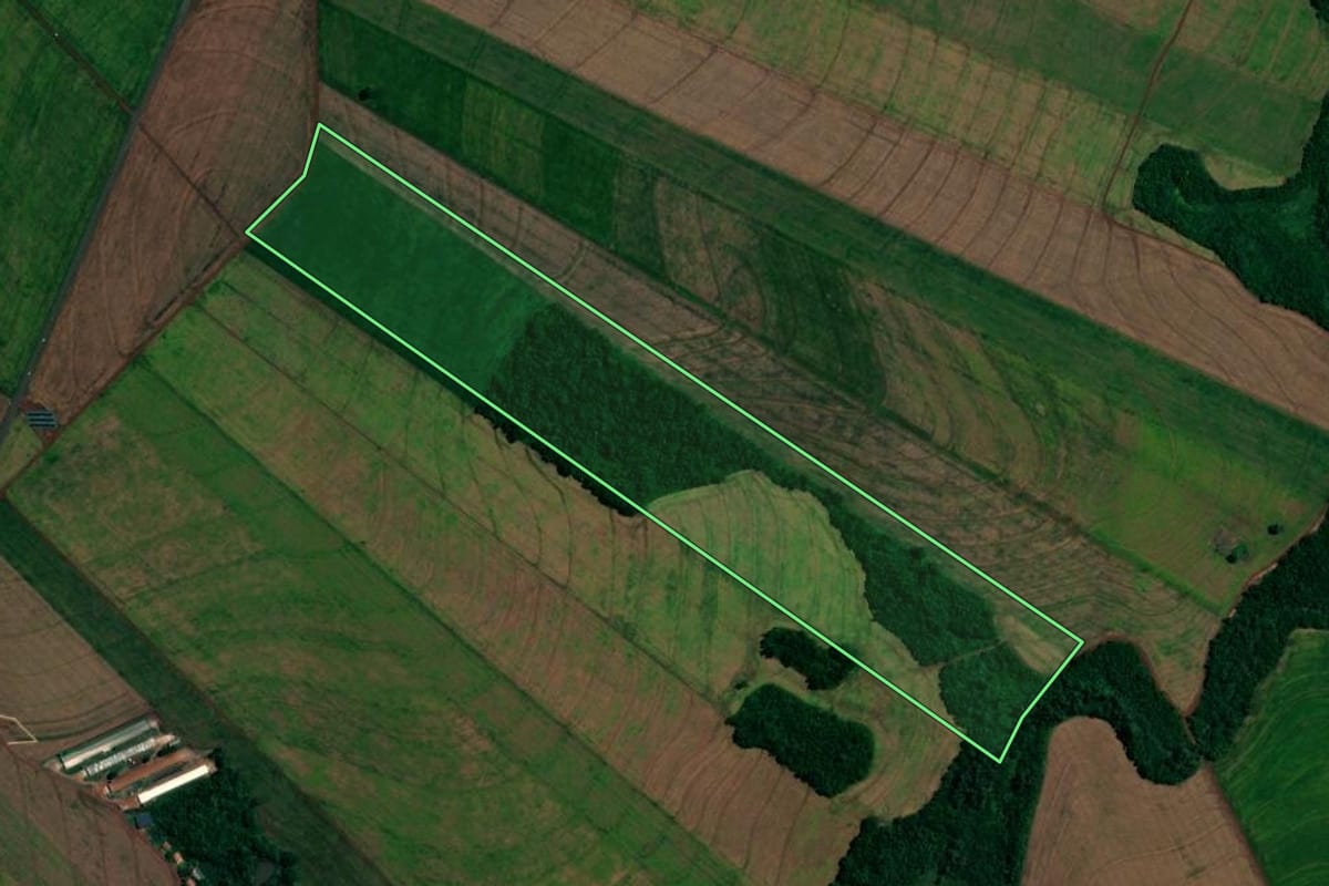 Imagem de satélite do imóvel rural em Assis Chateaubriand (PR), com o contorno declarado no CAR desenhado por cima.