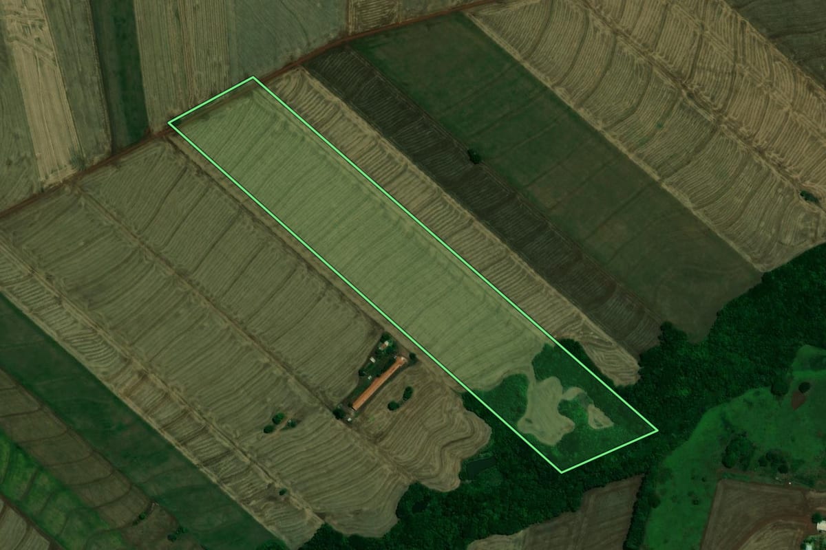 Imagem de satélite do imóvel rural em Assis Chateaubriand (PR), com o contorno declarado no CAR desenhado por cima.