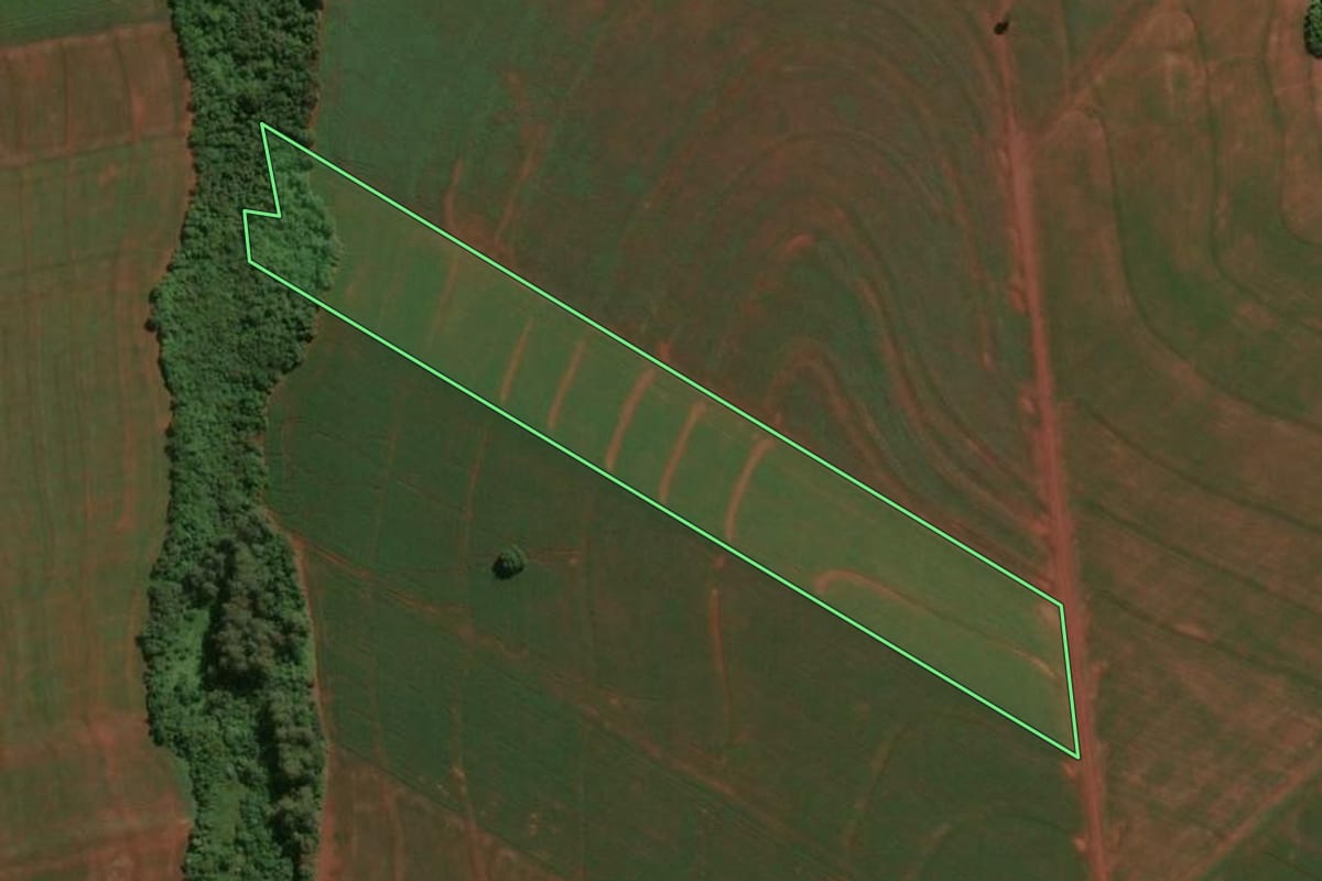 Imagem de satélite do imóvel rural em Assis Chateaubriand (PR), com o contorno declarado no CAR desenhado por cima.