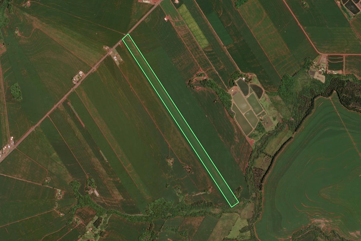 Imagem de satélite do imóvel rural em Assis Chateaubriand (PR), com o contorno declarado no CAR desenhado por cima.
