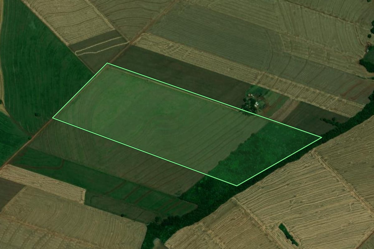 Imagem de satélite do imóvel rural em Assis Chateaubriand (PR), com o contorno declarado no CAR desenhado por cima.