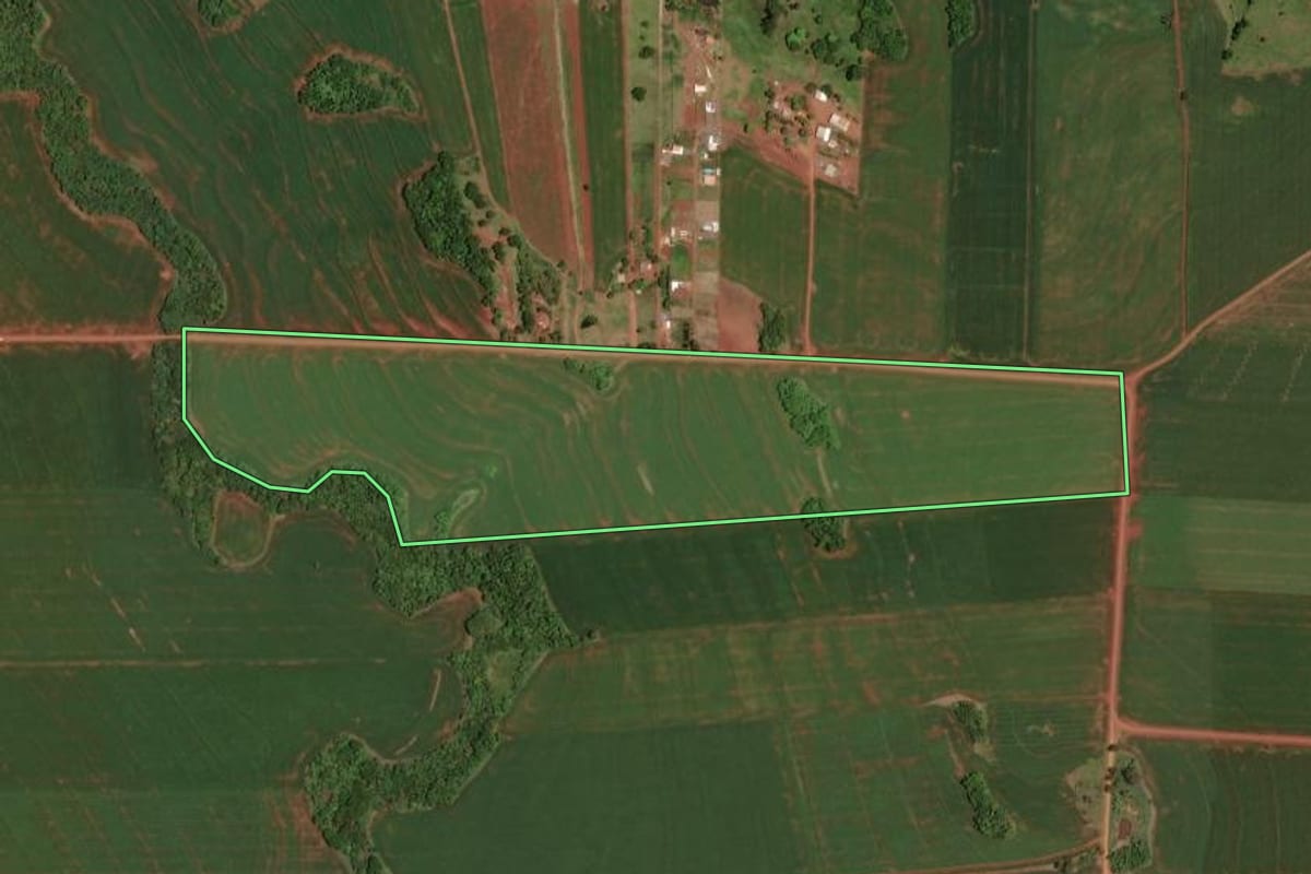 Imagem de satélite do imóvel rural em Assis Chateaubriand (PR), com o contorno declarado no CAR desenhado por cima.