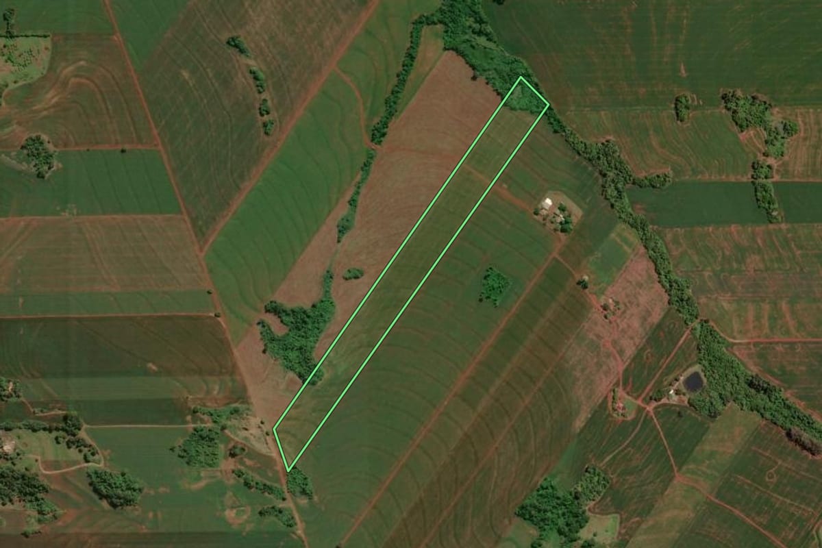 Imagem de satélite do imóvel rural em Assis Chateaubriand (PR), com o contorno declarado no CAR desenhado por cima.