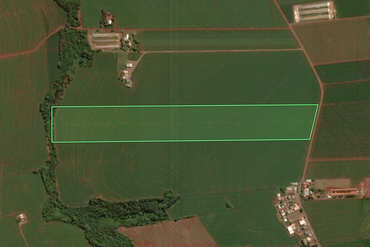 Imagem de satélite do imóvel rural em Assis Chateaubriand (PR), com o contorno declarado no CAR desenhado por cima.