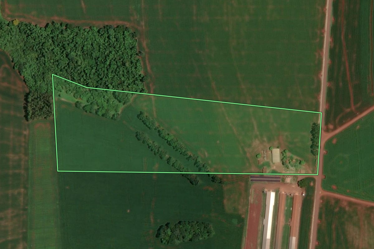 Imagem de satélite do imóvel rural em Assis Chateaubriand (PR), com o contorno declarado no CAR desenhado por cima.
