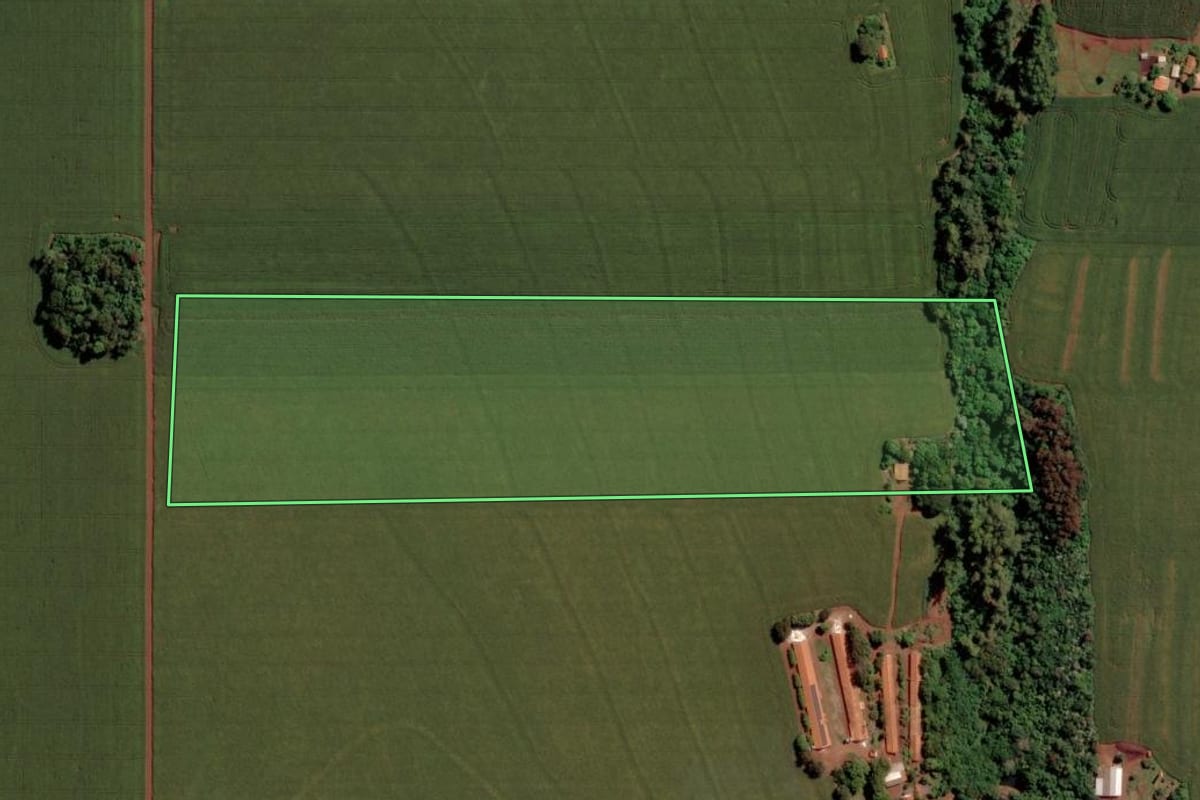 Imagem de satélite do imóvel rural em Assis Chateaubriand (PR), com o contorno declarado no CAR desenhado por cima.