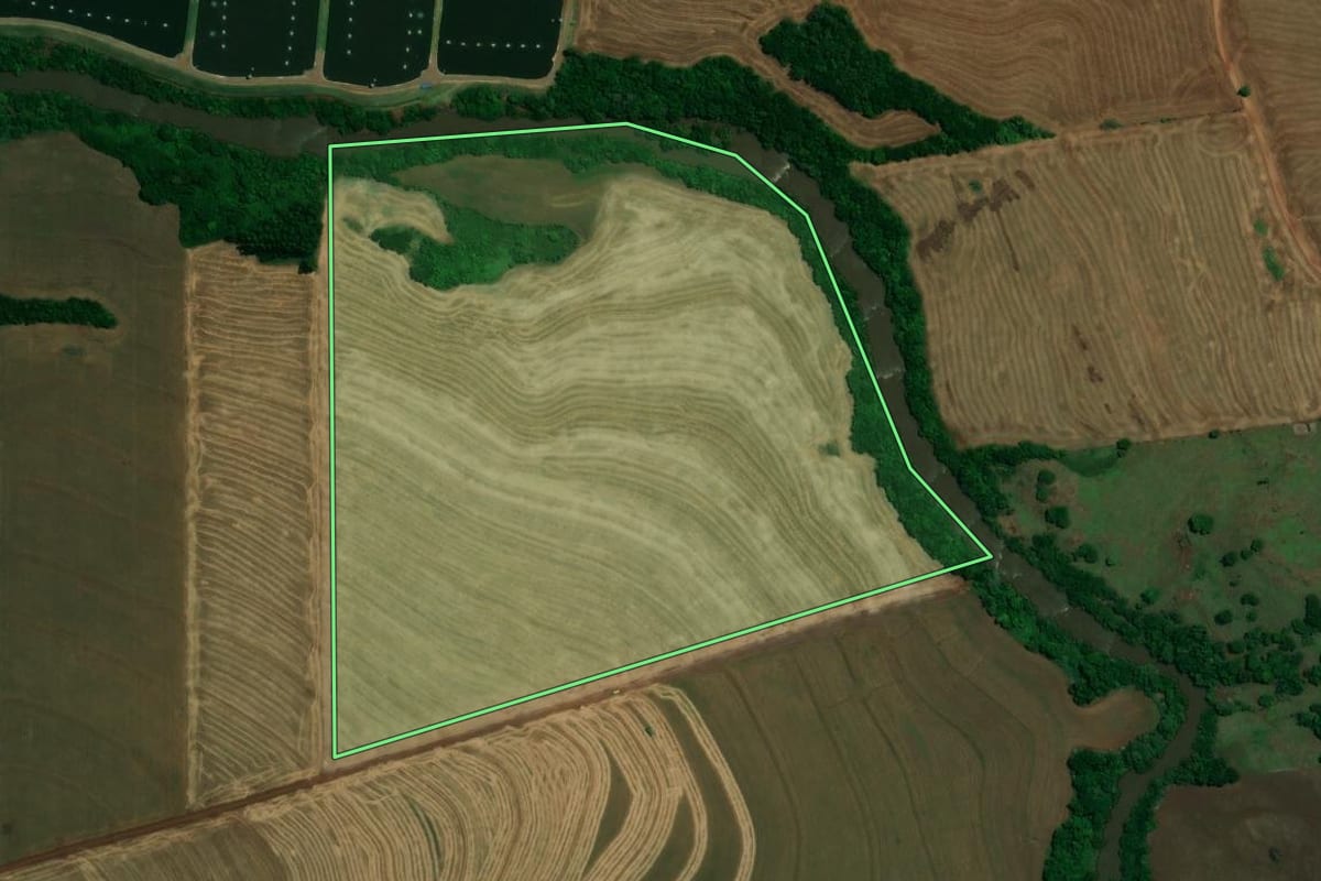 Imagem de satélite do imóvel rural em Assis Chateaubriand (PR), com o contorno declarado no CAR desenhado por cima.
