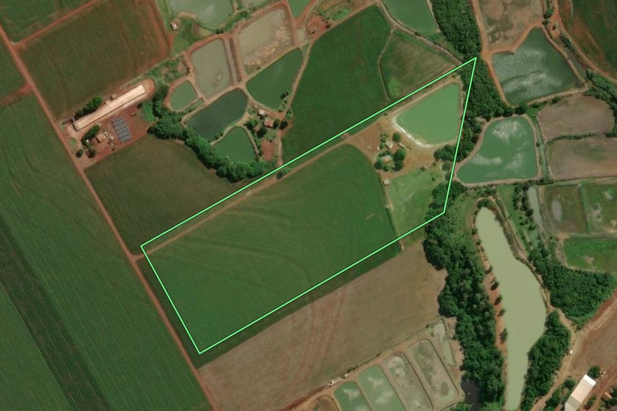 Imagem de satélite do imóvel rural em Assis Chateaubriand (PR), com o contorno declarado no CAR desenhado por cima.