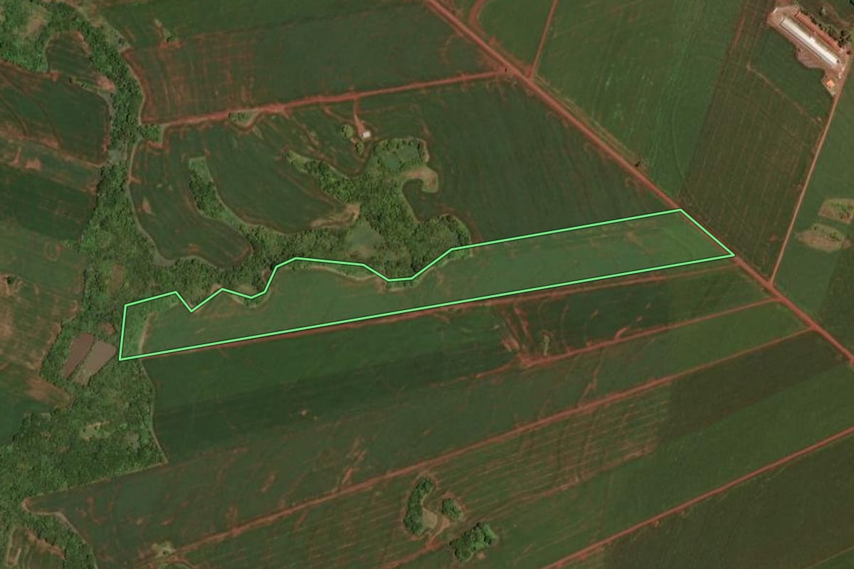 Imagem de satélite do imóvel rural em Assis Chateaubriand (PR), com o contorno declarado no CAR desenhado por cima.